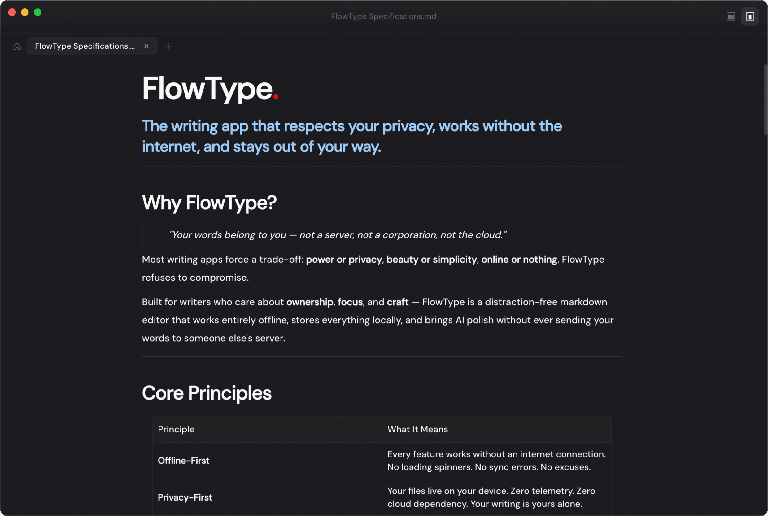 FlowType app showing the FlowType Specifications document